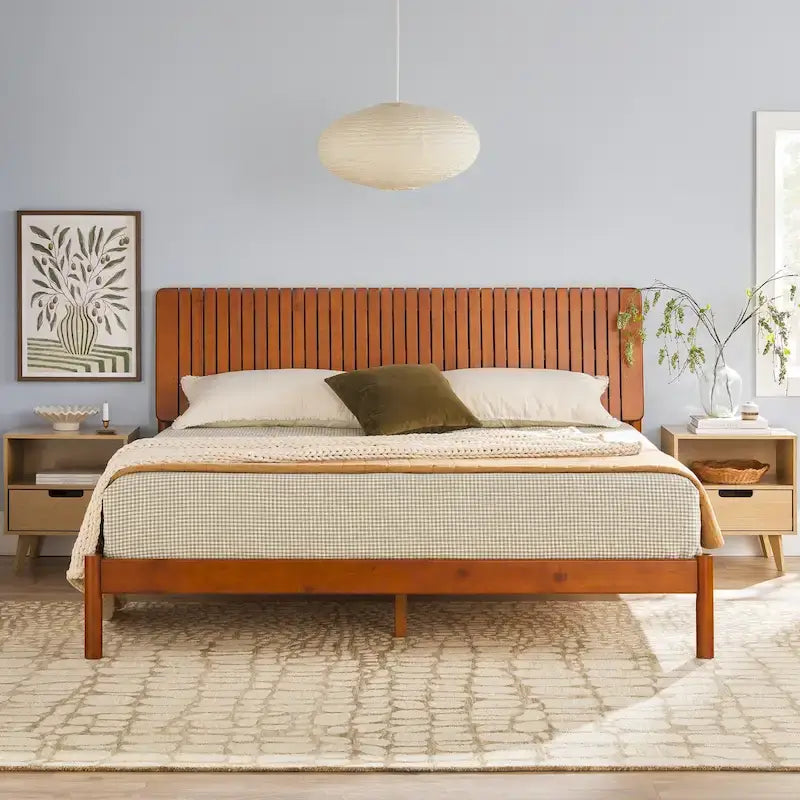 Solid Pine King Platform Bed with Slatted Headboard, Brown / Black, Transitional Style