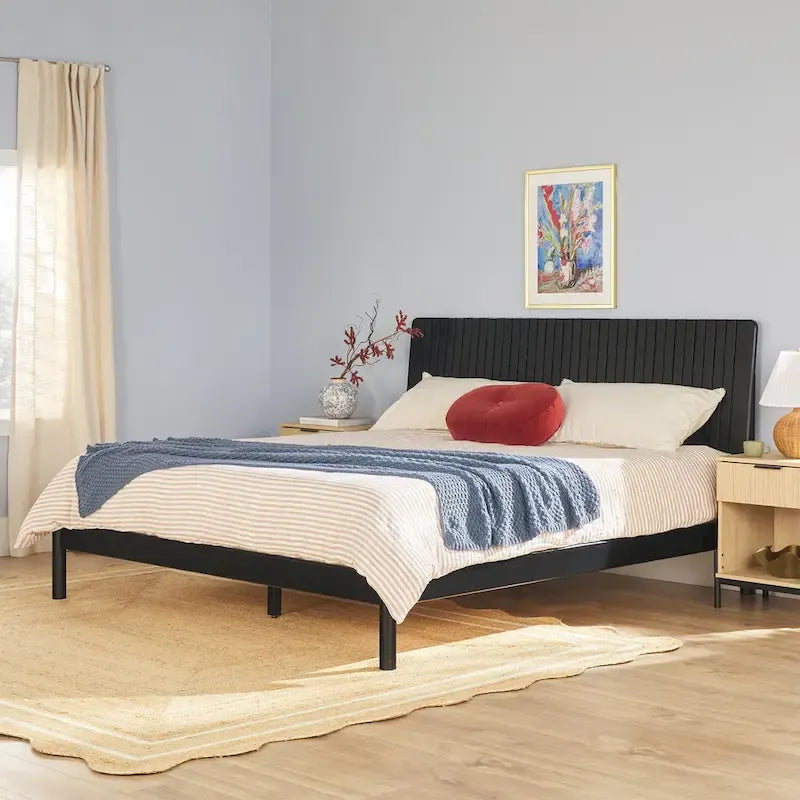 Solid Pine King Platform Bed with Slatted Headboard, Brown / Black, Transitional Style