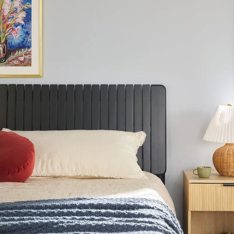 Solid Pine King Platform Bed with Slatted Headboard, Brown / Black, Transitional Style