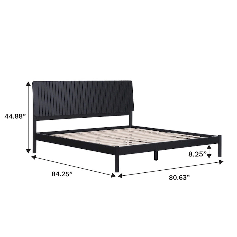 Solid Pine King Platform Bed with Slatted Headboard, Brown / Black, Transitional Style