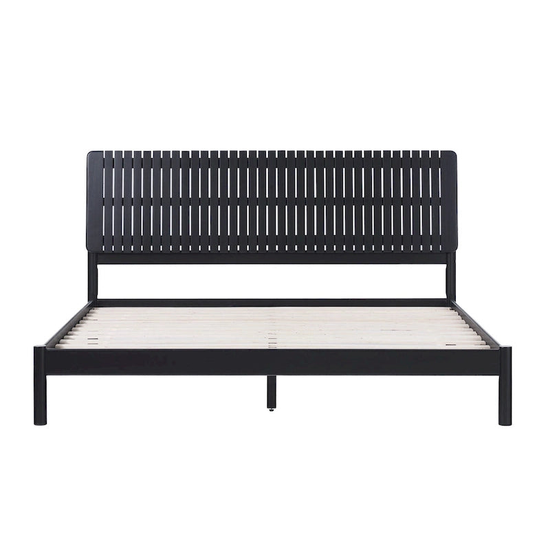Solid Pine King Platform Bed with Slatted Headboard, Brown / Black, Transitional Style