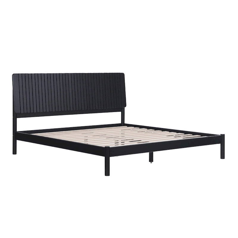 Solid Pine King Platform Bed with Slatted Headboard, Brown / Black, Transitional Style