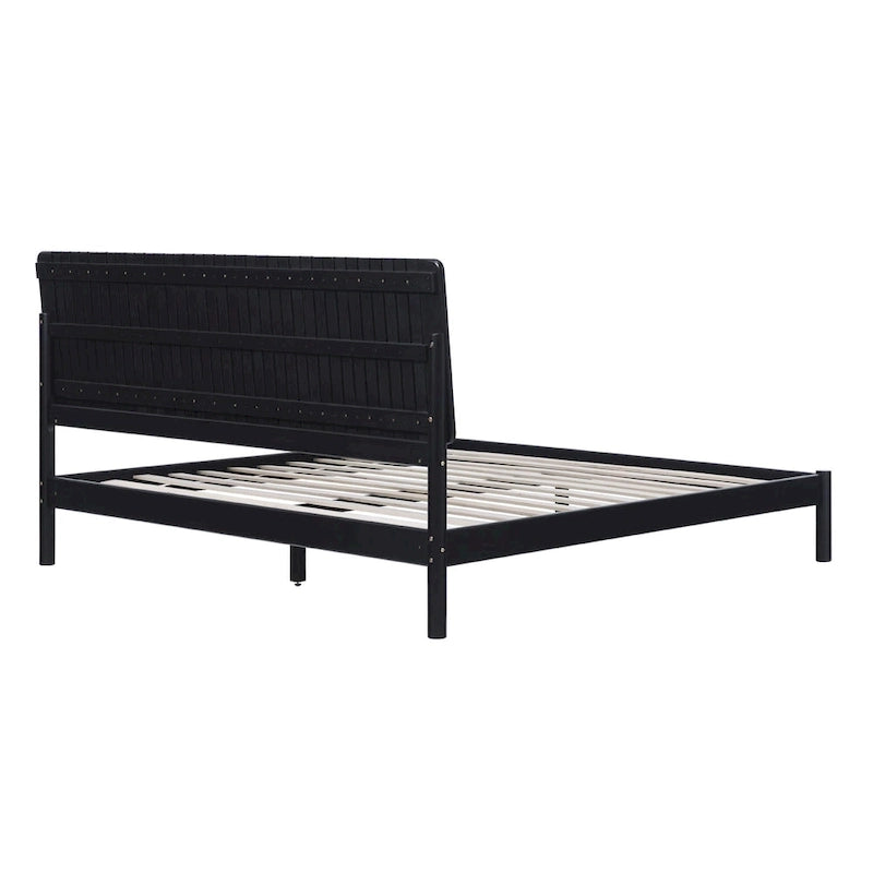 Solid Pine King Platform Bed with Slatted Headboard, Brown / Black, Transitional Style