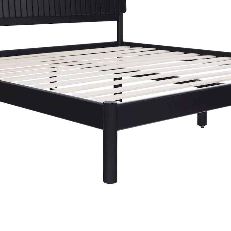 Solid Pine King Platform Bed with Slatted Headboard, Brown / Black, Transitional Style