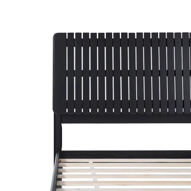 Solid Pine King Platform Bed with Slatted Headboard, Brown / Black, Transitional Style