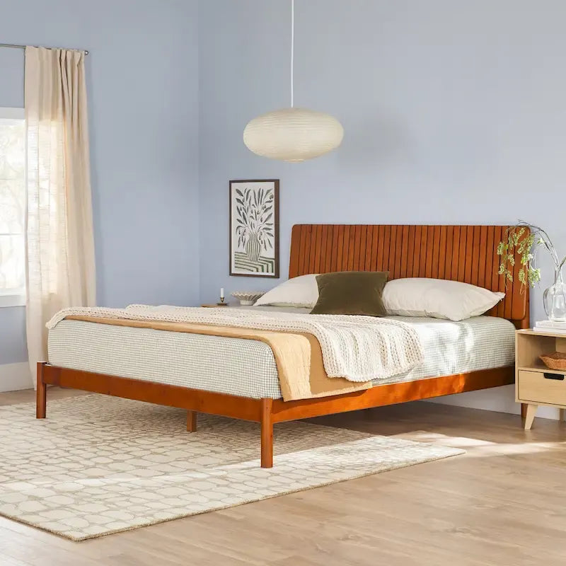 Solid Pine King Platform Bed with Slatted Headboard, Brown / Black, Transitional Style