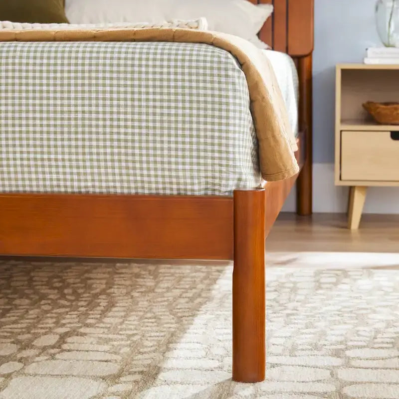 Solid Pine King Platform Bed with Slatted Headboard, Brown / Black, Transitional Style