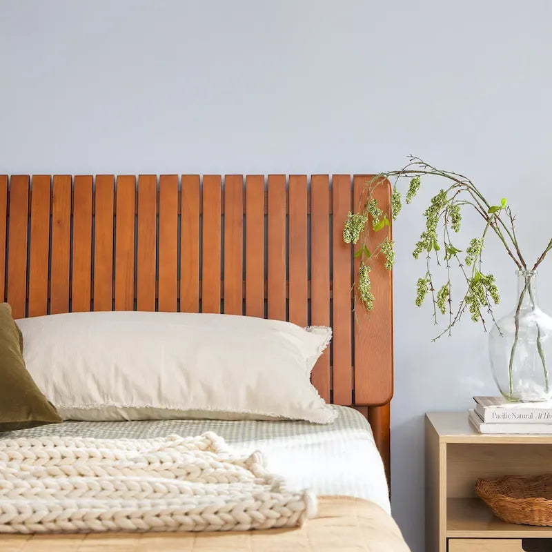Solid Pine King Platform Bed with Slatted Headboard, Brown / Black, Transitional Style