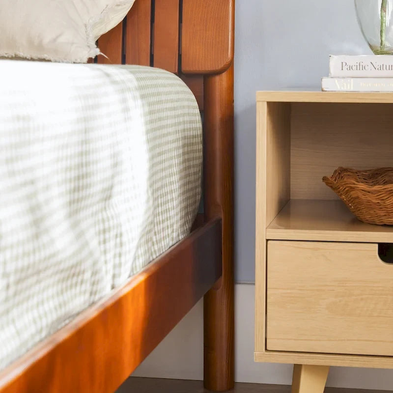 Solid Pine King Platform Bed with Slatted Headboard, Brown / Black, Transitional Style