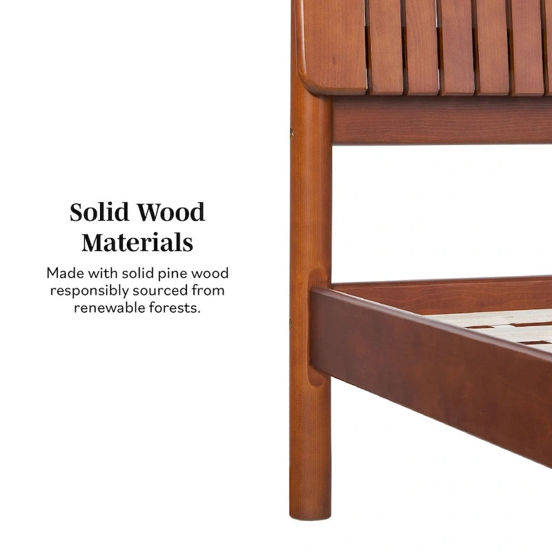 Solid Pine King Platform Bed with Slatted Headboard, Brown / Black, Transitional Style