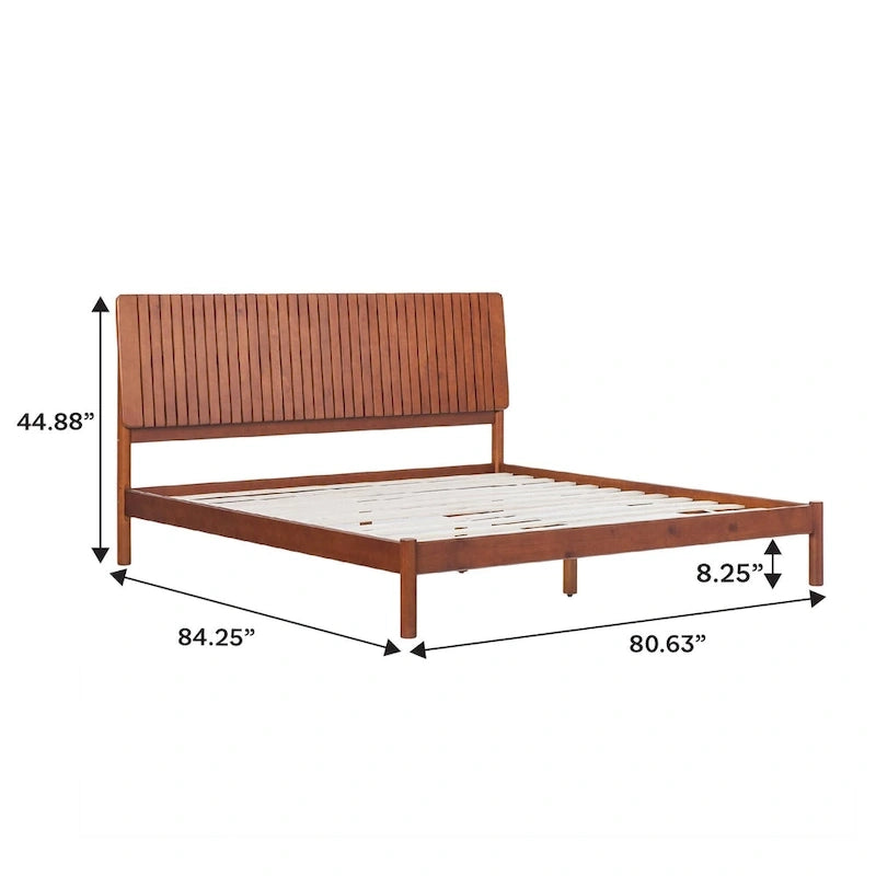 Solid Pine King Platform Bed with Slatted Headboard, Brown / Black, Transitional Style