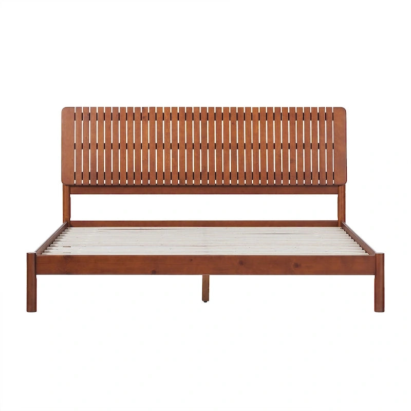 Solid Pine King Platform Bed with Slatted Headboard, Brown / Black, Transitional Style