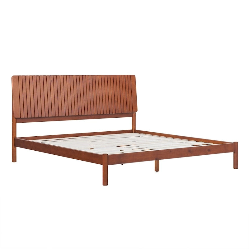Solid Pine King Platform Bed with Slatted Headboard, Brown / Black, Transitional Style