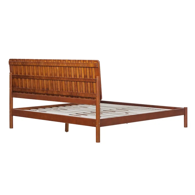 Solid Pine King Platform Bed with Slatted Headboard, Brown / Black, Transitional Style