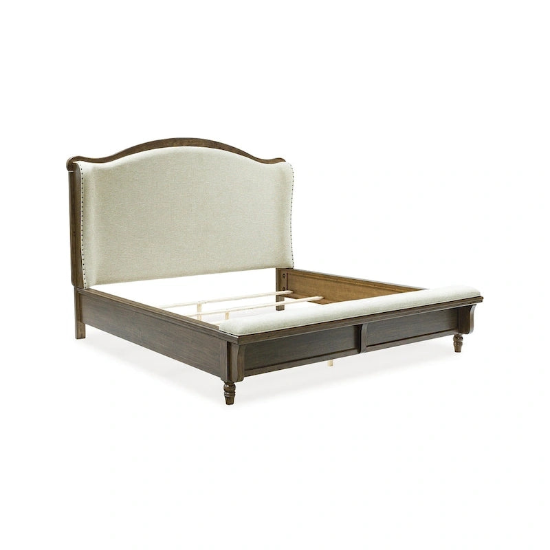 Upholstered Panel Bed with Wing Headboard & Bench Footboard, Brown / Beige, Traditional Style – California King