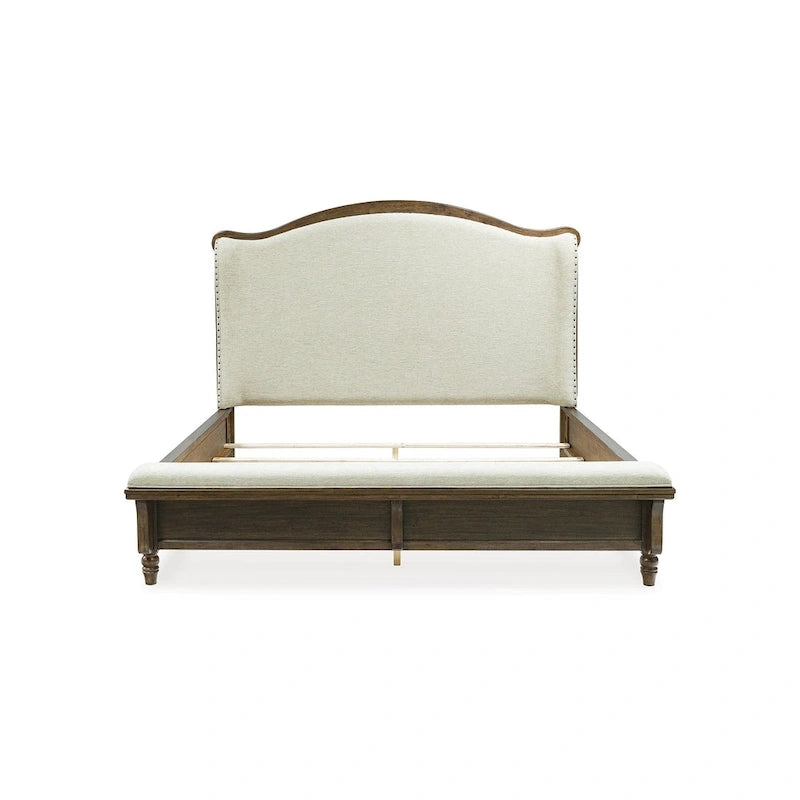 Upholstered Panel Bed with Wing Headboard & Bench Footboard, Brown / Beige, Traditional Style – California King