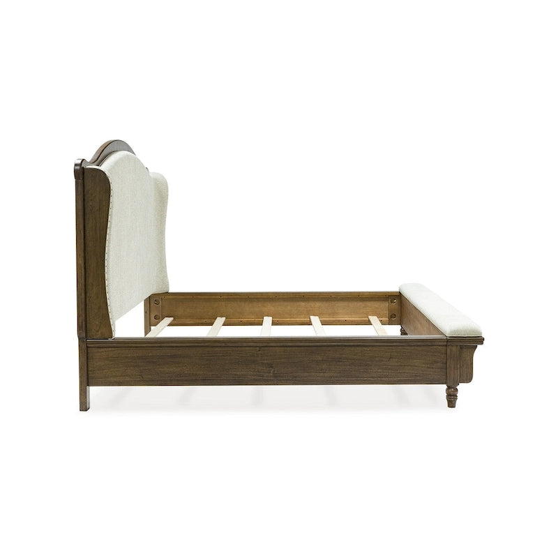 Upholstered Panel Bed with Wing Headboard & Bench Footboard, Brown / Beige, Traditional Style – California King