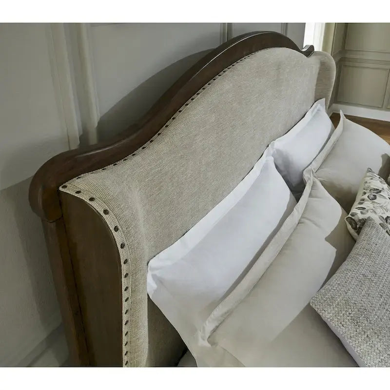 Upholstered Panel Bed with Wing Headboard & Bench Footboard, Brown / Beige, Traditional Style – California King