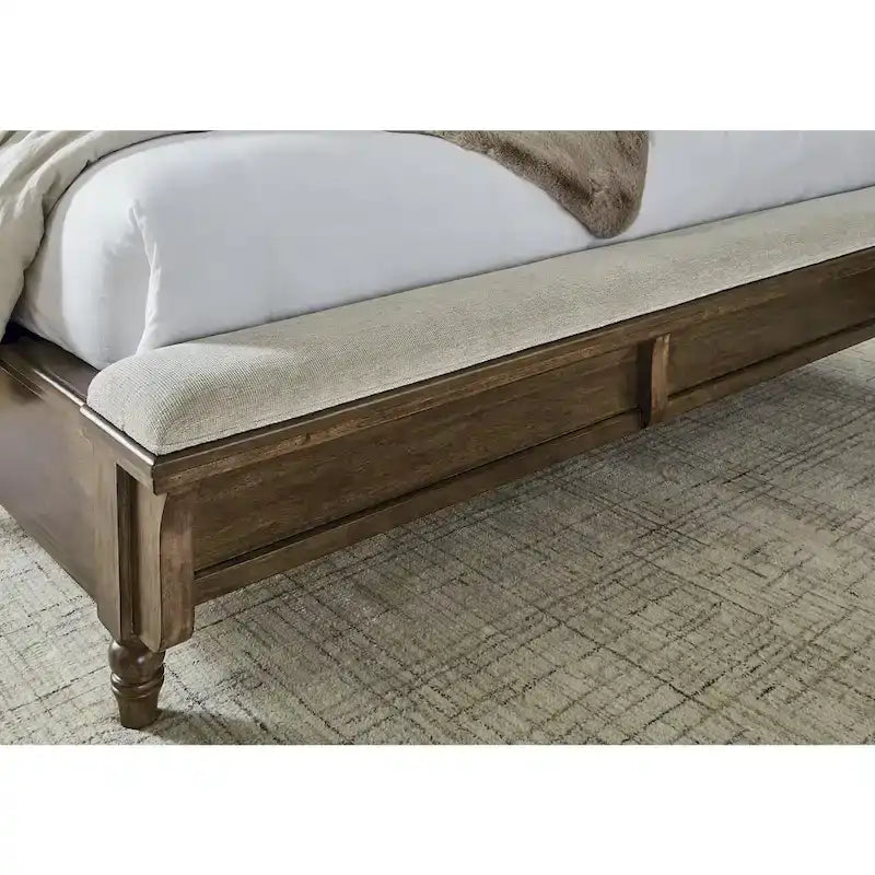 Upholstered Panel Bed with Wing Headboard & Bench Footboard, Brown / Beige, Traditional Style – California King