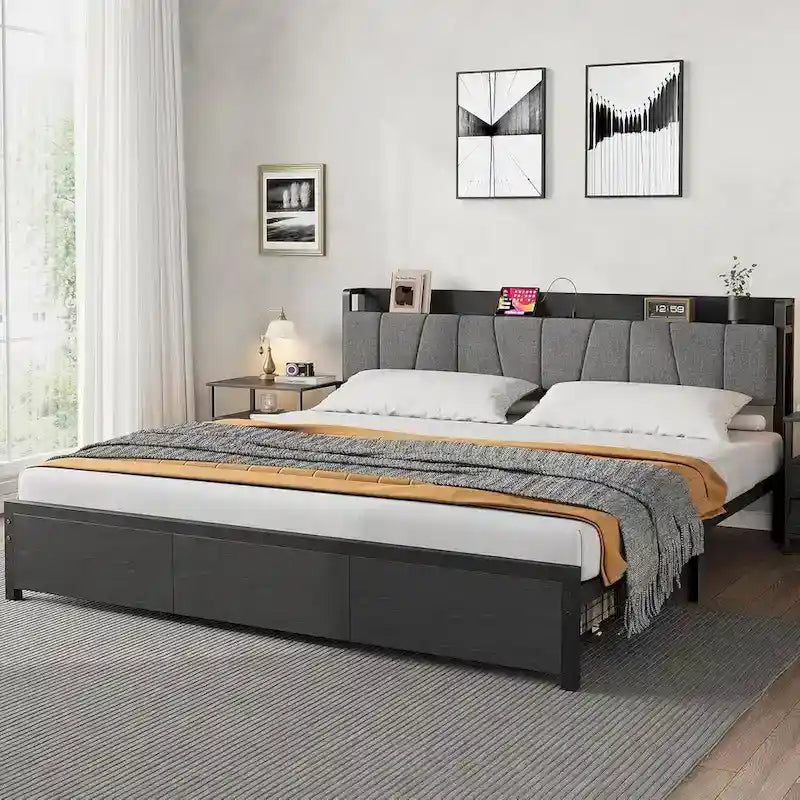Platform Bed with 2 Storage Drawers, Upholstered Headboard & Charging Station, Black, Industrial Style – Full / Queen / King