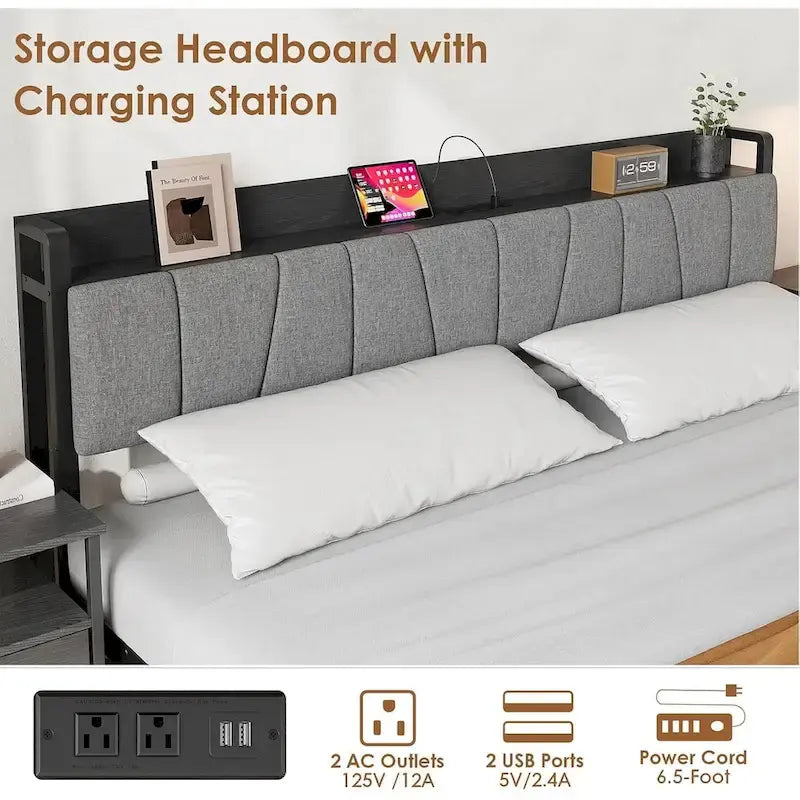 Platform Bed with 2 Storage Drawers, Upholstered Headboard & Charging Station, Black, Industrial Style – Full / Queen / King