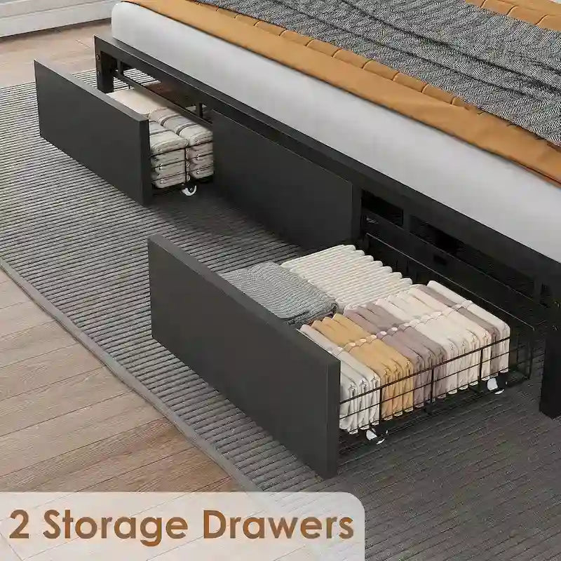 Platform Bed with 2 Storage Drawers, Upholstered Headboard & Charging Station, Black, Industrial Style – Full / Queen / King