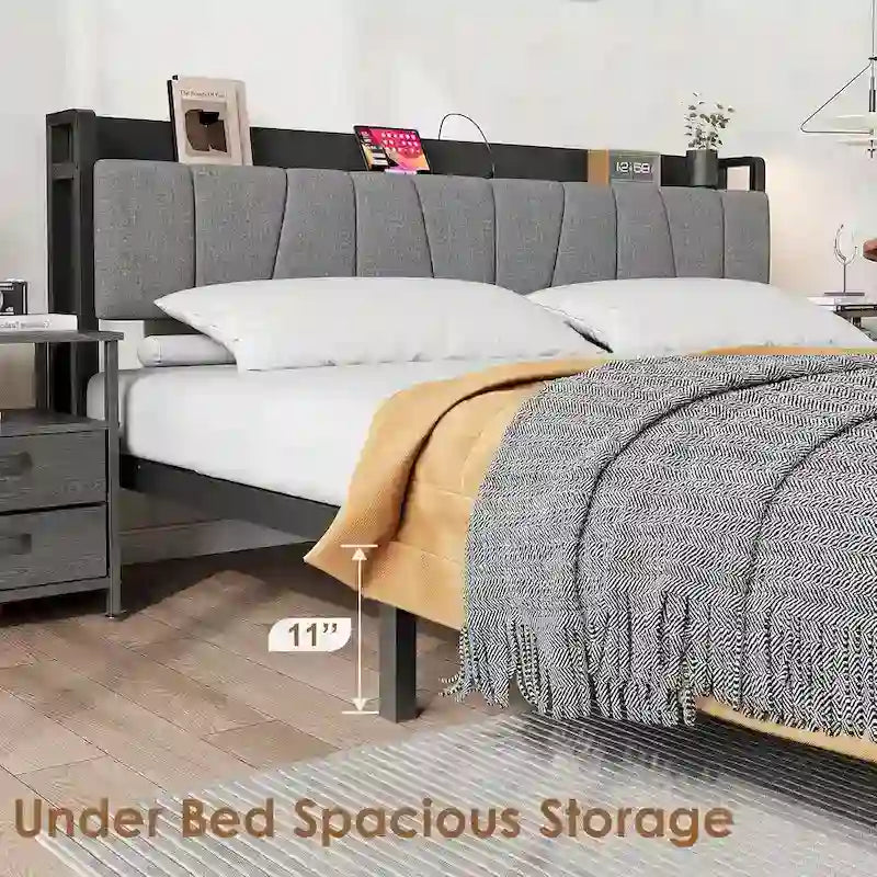 Platform Bed with 2 Storage Drawers, Upholstered Headboard & Charging Station, Black, Industrial Style – Full / Queen / King