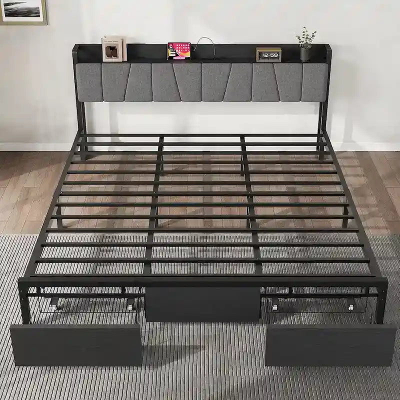 Platform Bed with 2 Storage Drawers, Upholstered Headboard & Charging Station, Black, Industrial Style – Full / Queen / King
