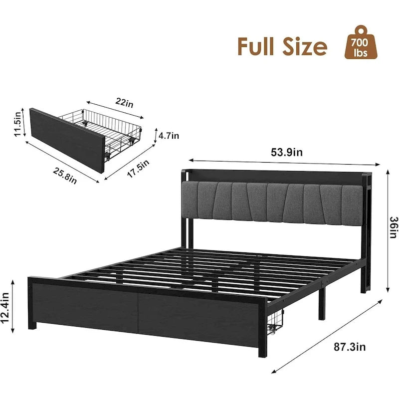 Platform Bed with 2 Storage Drawers, Upholstered Headboard & Charging Station, Black, Industrial Style – Full / Queen / King