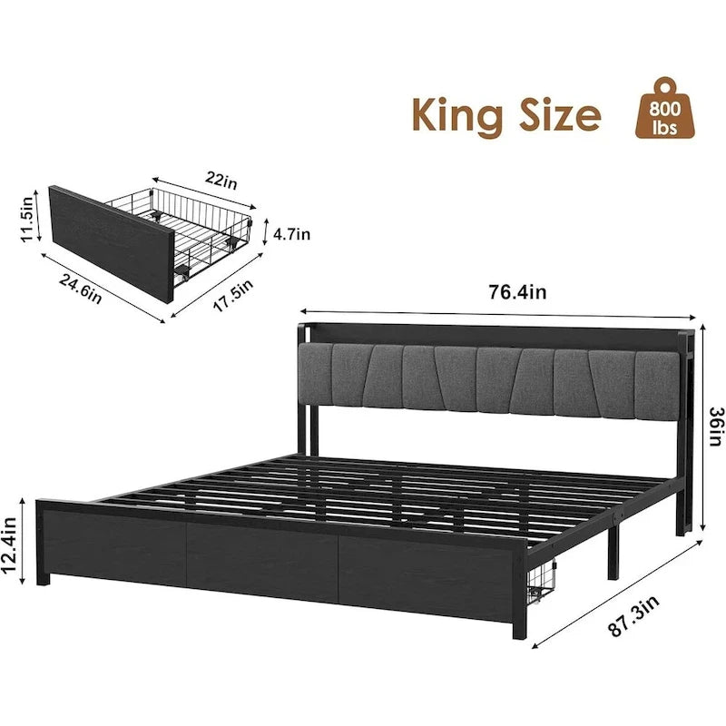 Platform Bed with 2 Storage Drawers, Upholstered Headboard & Charging Station, Black, Industrial Style – Full / Queen / King