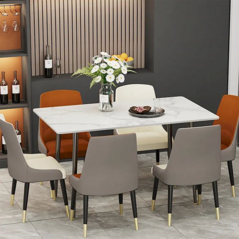 Sintered Stone Top Dining Table with Metal Frame, White/Grey & Black, Seats 4–6