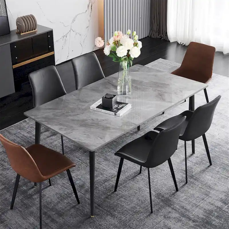 Sintered Stone Top Dining Table with Metal Frame, White/Grey & Black, Seats 4–6