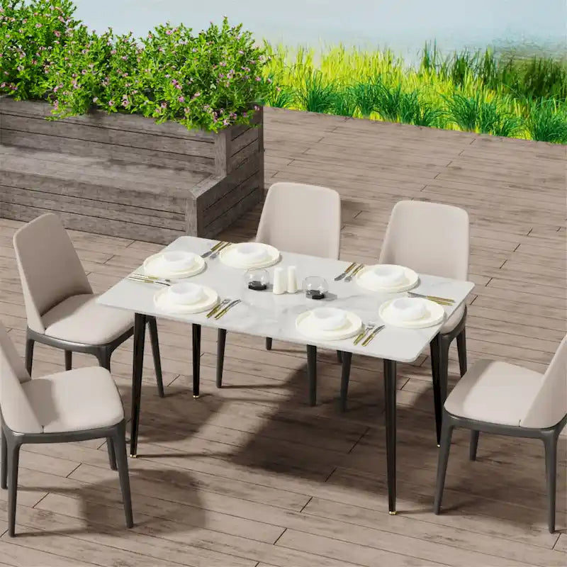 Sintered Stone Top Dining Table with Metal Frame, White/Grey & Black, Seats 4–6