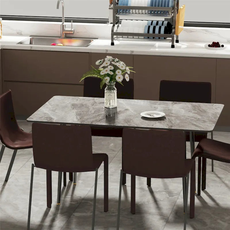Sintered Stone Top Dining Table with Metal Frame, White/Grey & Black, Seats 4–6