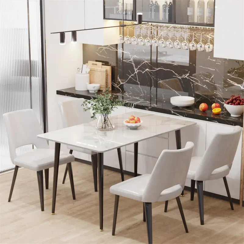 Sintered Stone Top Dining Table with Metal Frame, White/Grey & Black, Seats 4–6