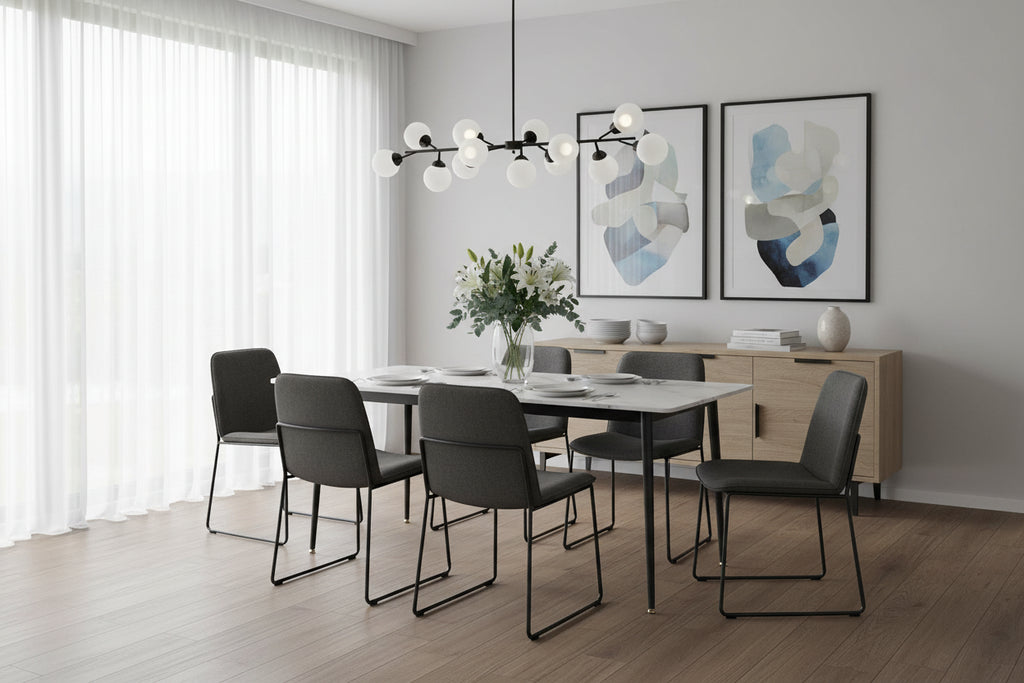 Sintered Stone Top Dining Table with Metal Frame, White/Grey & Black, Seats 4–6