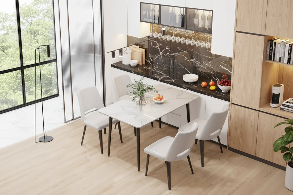 Sintered Stone Top Dining Table with Metal Frame, White/Grey & Black, Seats 4–6