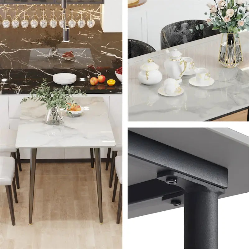 Sintered Stone Top Dining Table with Metal Frame, White/Grey & Black, Seats 4–6