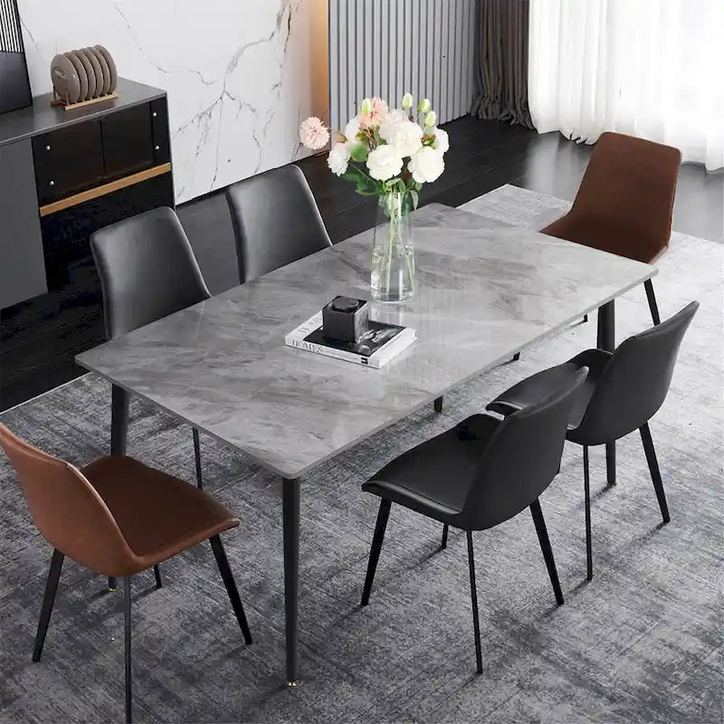 Sintered Stone Top Dining Table with Metal Frame, White/Grey & Black, Seats 4–6