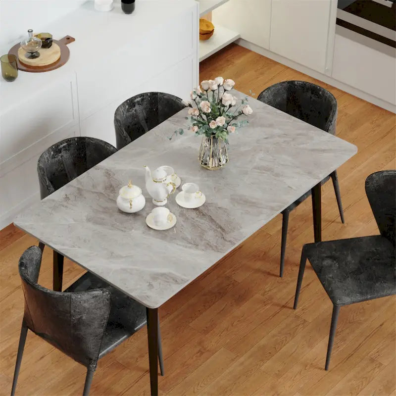 Sintered Stone Top Dining Table with Metal Frame, White/Grey & Black, Seats 4–6
