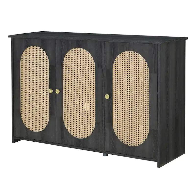 3-Door Sideboard with Rattan Panels & Metal Handles, Vintage Style – Natural Wood / Black / Brown / White