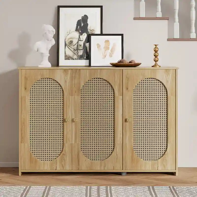 3-Door Sideboard with Rattan Panels & Metal Handles, Vintage Style – Natural Wood / Black / Brown / White