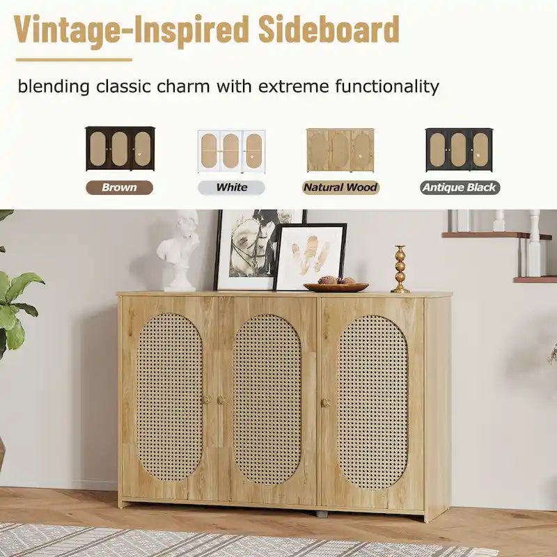3-Door Sideboard with Rattan Panels & Metal Handles, Vintage Style – Natural Wood / Black / Brown / White