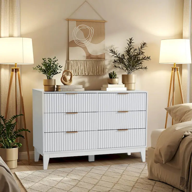 6-Drawer Fluted Dresser with Metal Handles, Black / White / Wood Color, Mid-Century Modern Style