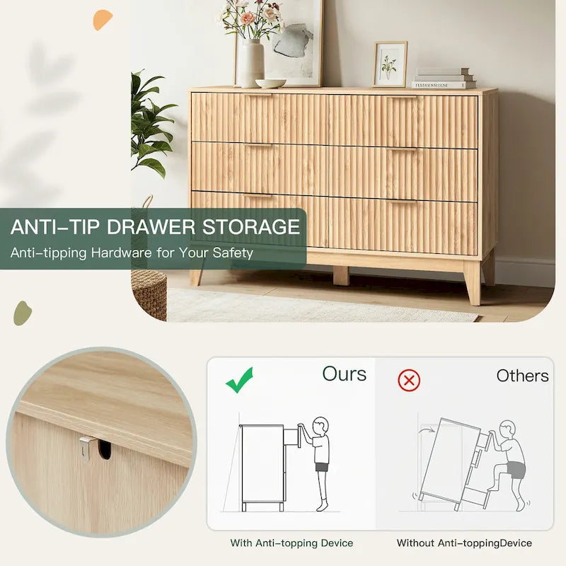 6-Drawer Fluted Dresser with Metal Handles, Black / White / Wood Color, Mid-Century Modern Style