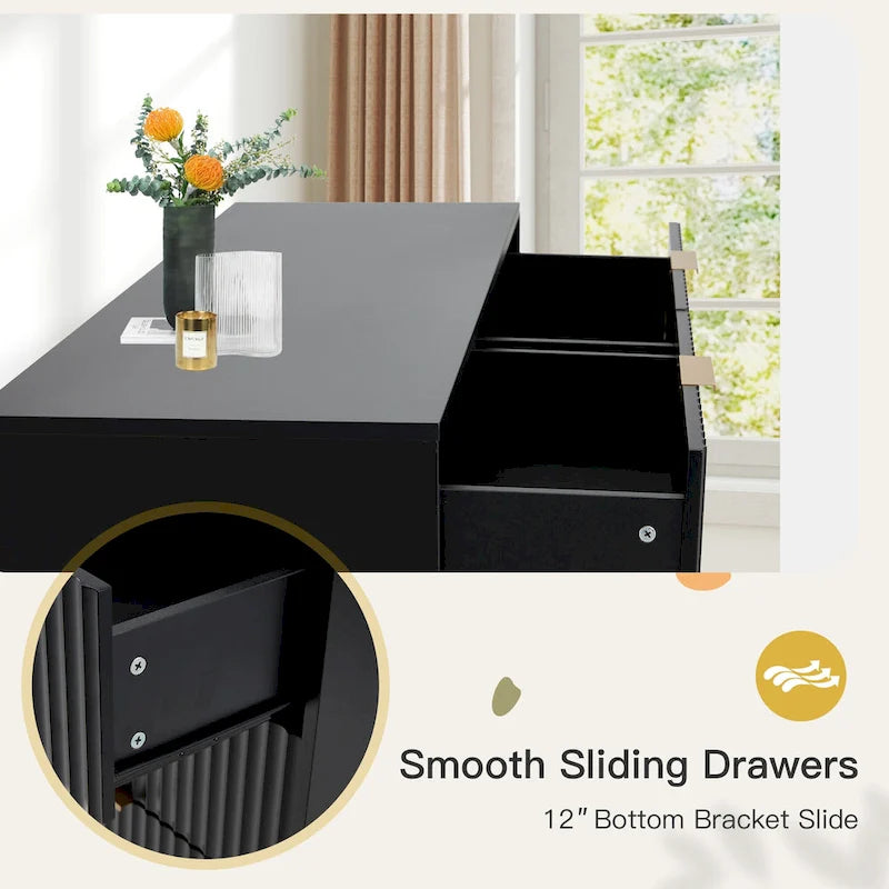 6-Drawer Fluted Dresser with Metal Handles, Black / White / Wood Color, Mid-Century Modern Style