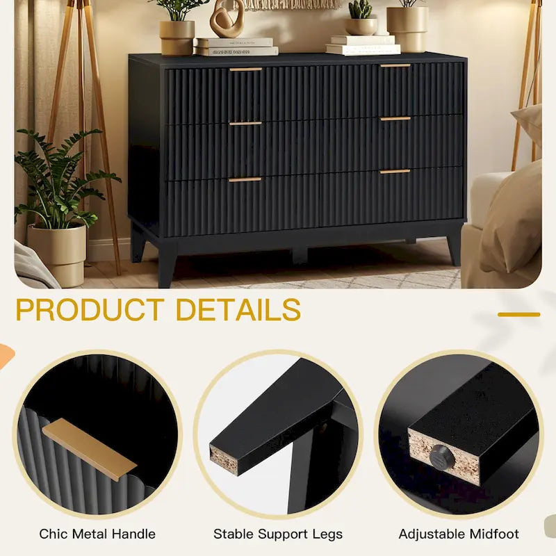 6-Drawer Fluted Dresser with Metal Handles, Black / White / Wood Color, Mid-Century Modern Style