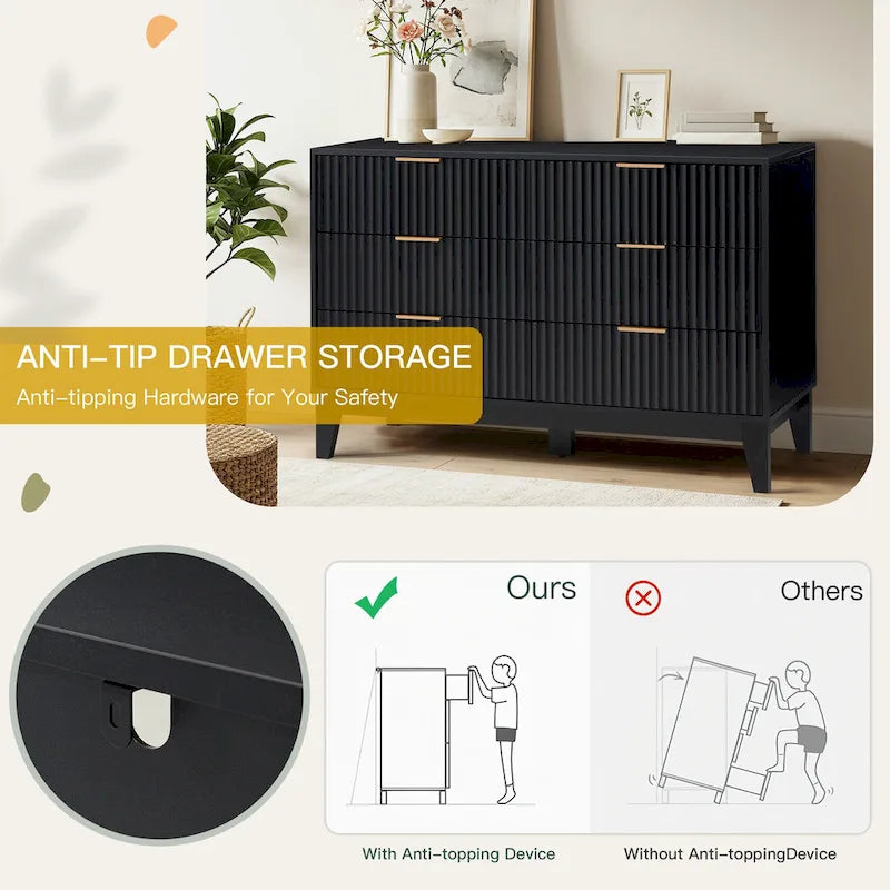 6-Drawer Fluted Dresser with Metal Handles, Black / White / Wood Color, Mid-Century Modern Style