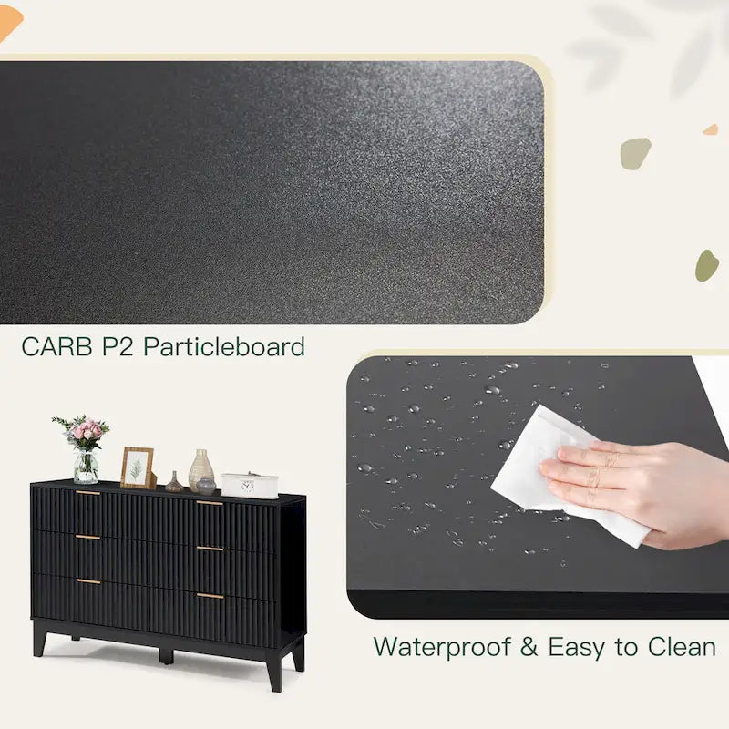 6-Drawer Fluted Dresser with Metal Handles, Black / White / Wood Color, Mid-Century Modern Style