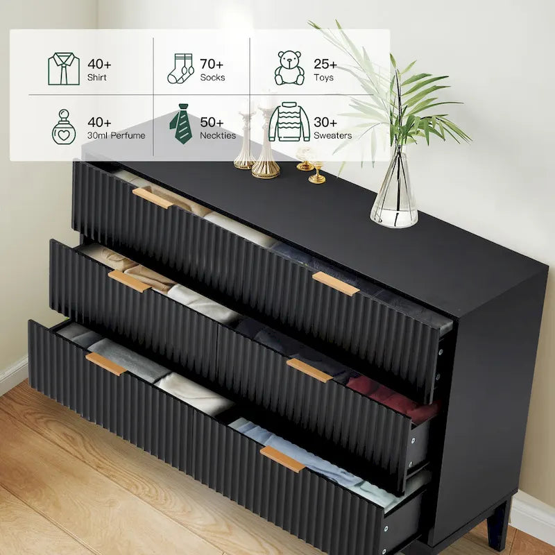 6-Drawer Fluted Dresser with Metal Handles, Black / White / Wood Color, Mid-Century Modern Style
